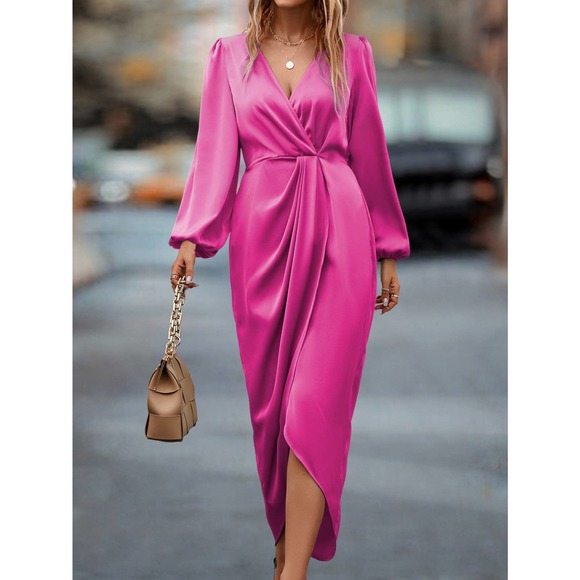 long sleeve  Lantern Sleeve Twist Front Wrap Hem Satin midi Dress green - Picture 5 of 11